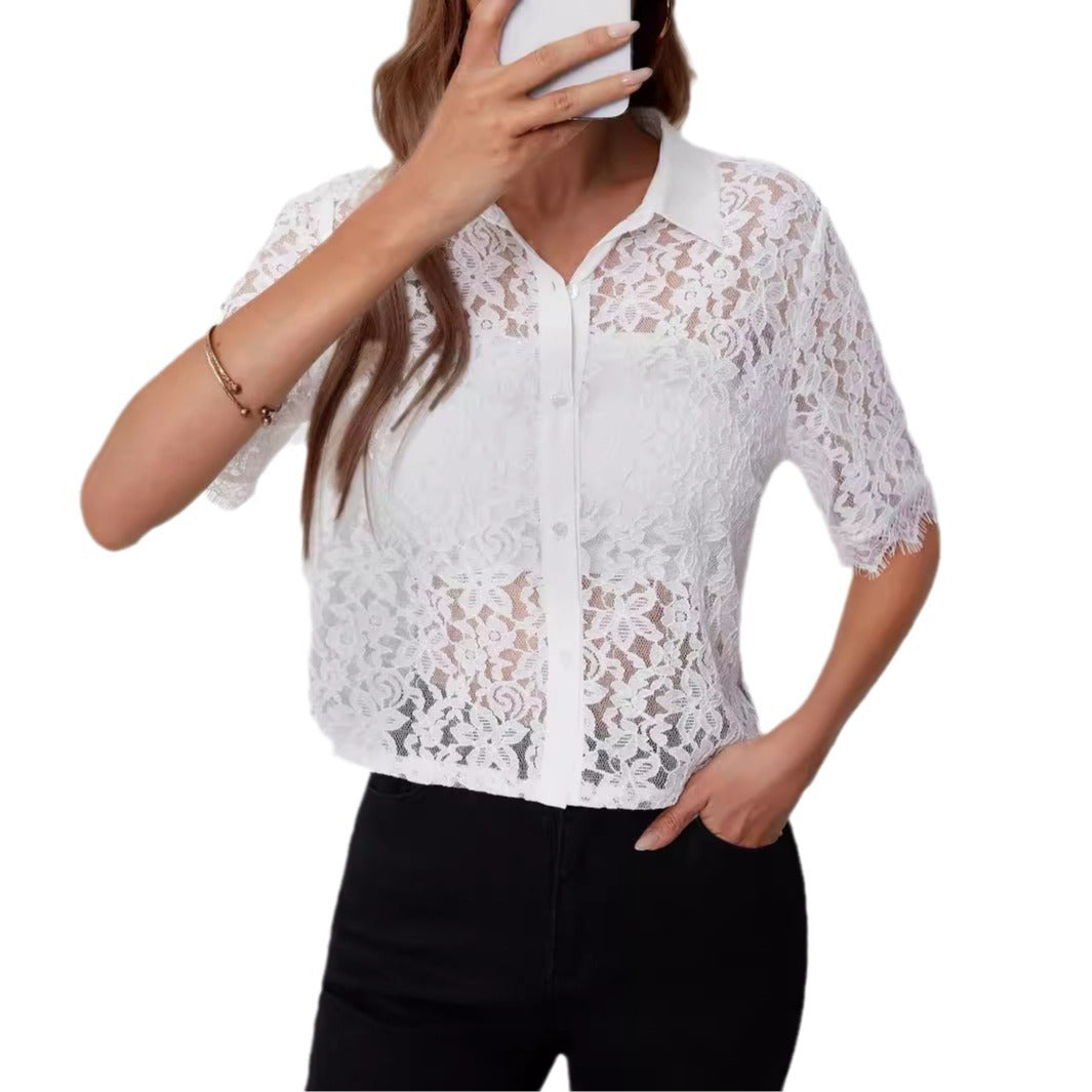 Damen Spitzenbluse mit Kurzarm und klassischem Kragen Sovae