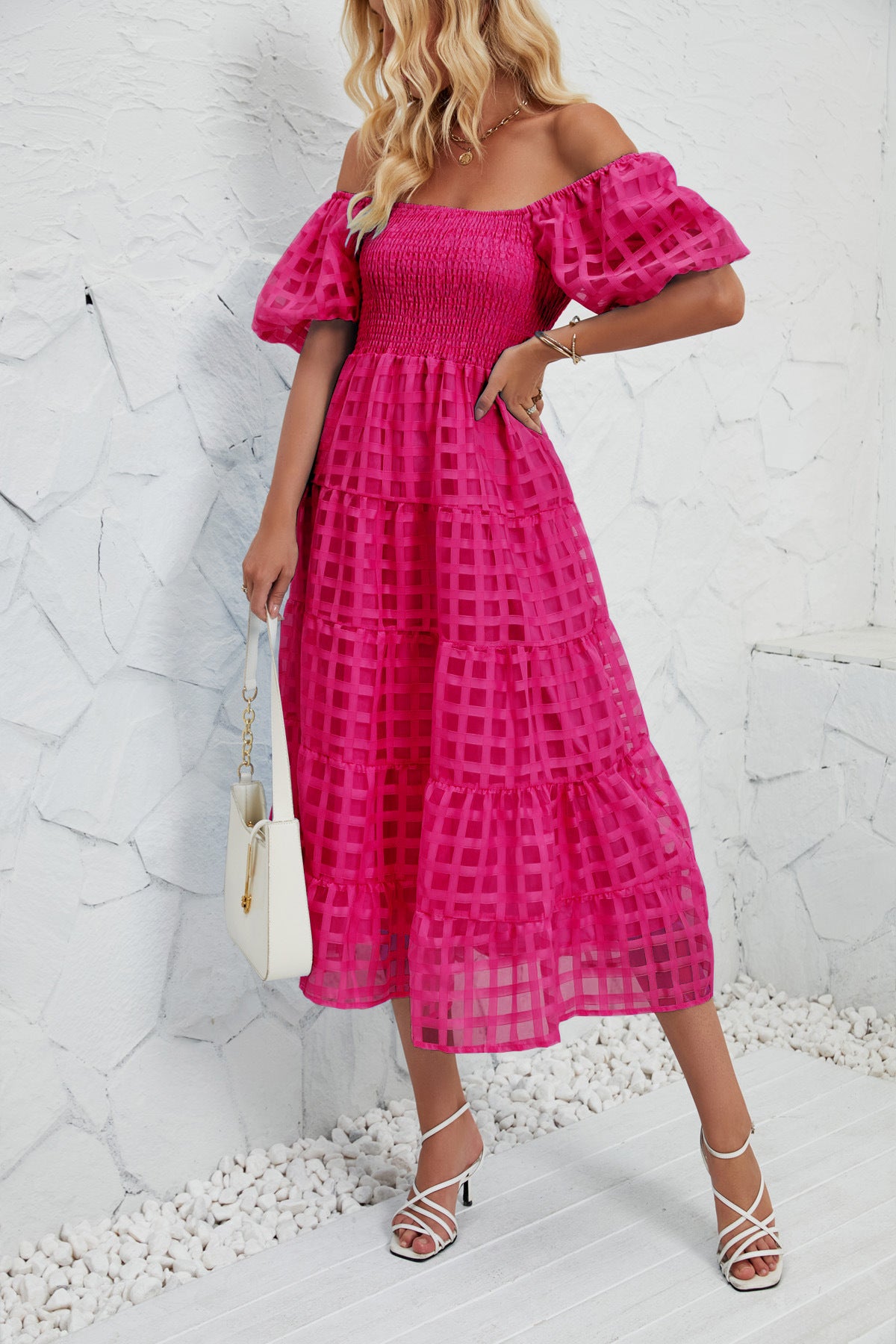 Damen luftiges Maxikleid mit gerafften Puffärmeln und Karomuster Sovae