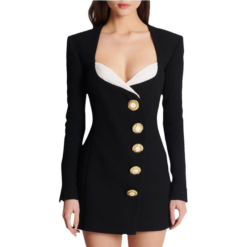 Damen Blazer-Kleid mit tiefem V-Ausschnitt und dekorativen Knöpfen Sovae