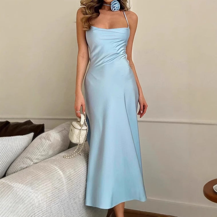 Damen Elegantes Bodenkotan Maxi-Kleid mit schmalen Spaghetti-Trägern und tiefem Ausschnitt Sovae