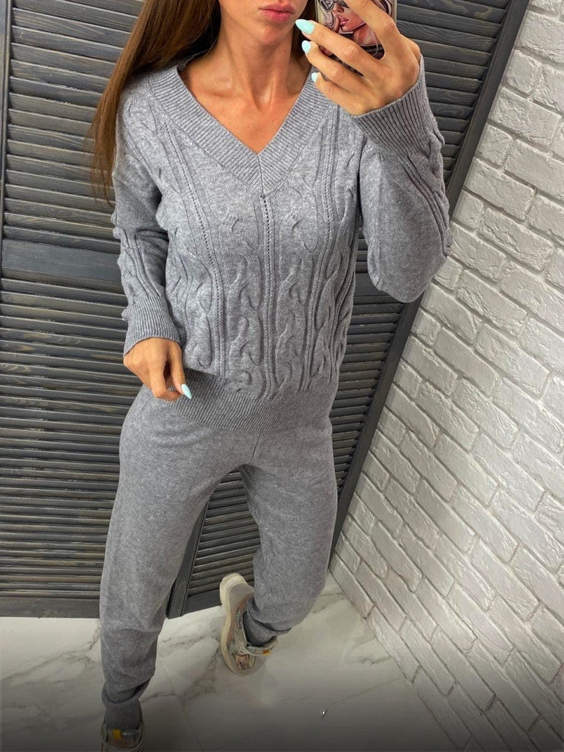Damen gemütlicher Strickanzug mit V-Ausschnitt und Zopfdesign Sovae