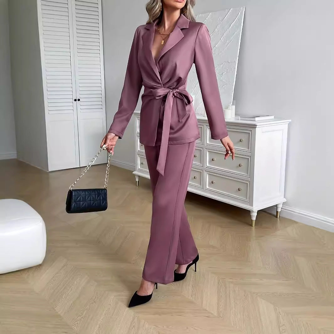 Damen elegantes Zweiteiler-Set mit tailliertem Blazer und weitem Hosen Sovae
