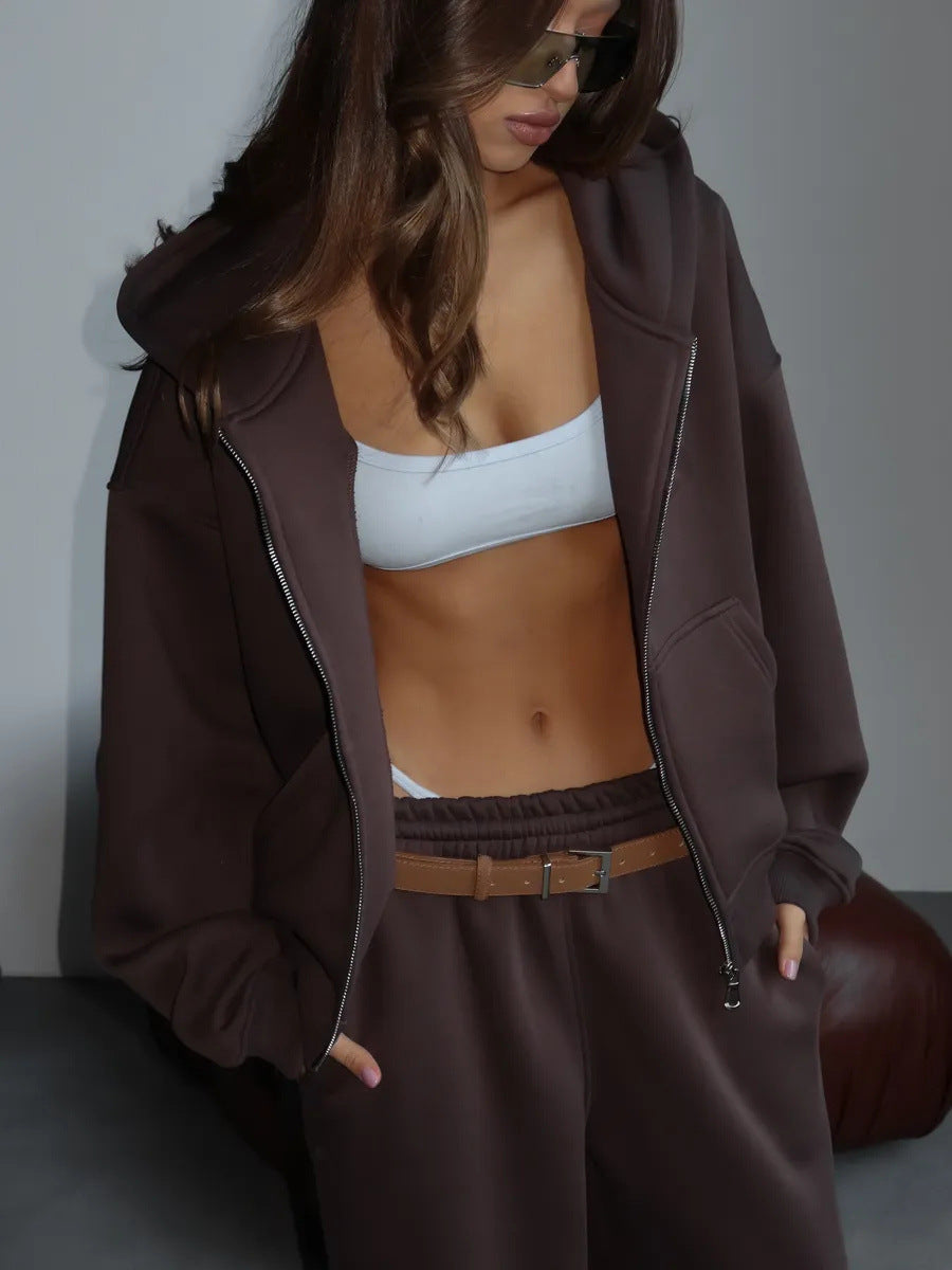 Damen stylischer Freizeit-Hoodie mit durchgehendem Reißverschluss und bequemen Jogginghosen Sovae