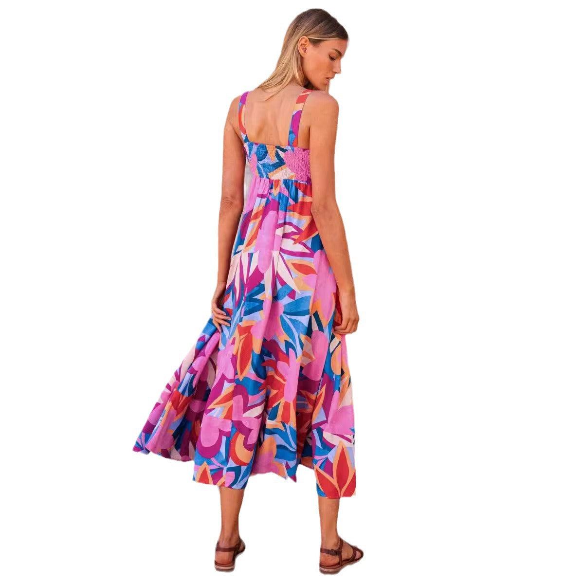 Damen Maxikleid mit buntem Blumenmuster und tailliertem Oberteil Sovae