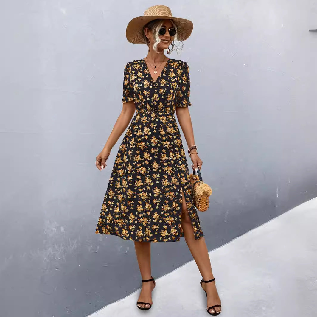 Damen midi Kleid mit floralen Mustern und seitlichem Schlitz Sovae