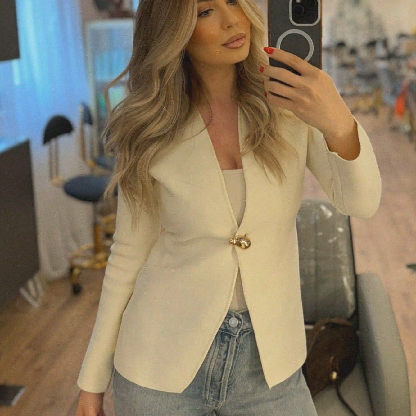Damen elegante Blazerjacke mit asymmetrischem Schnitt und auffälligem Knopf Sovae