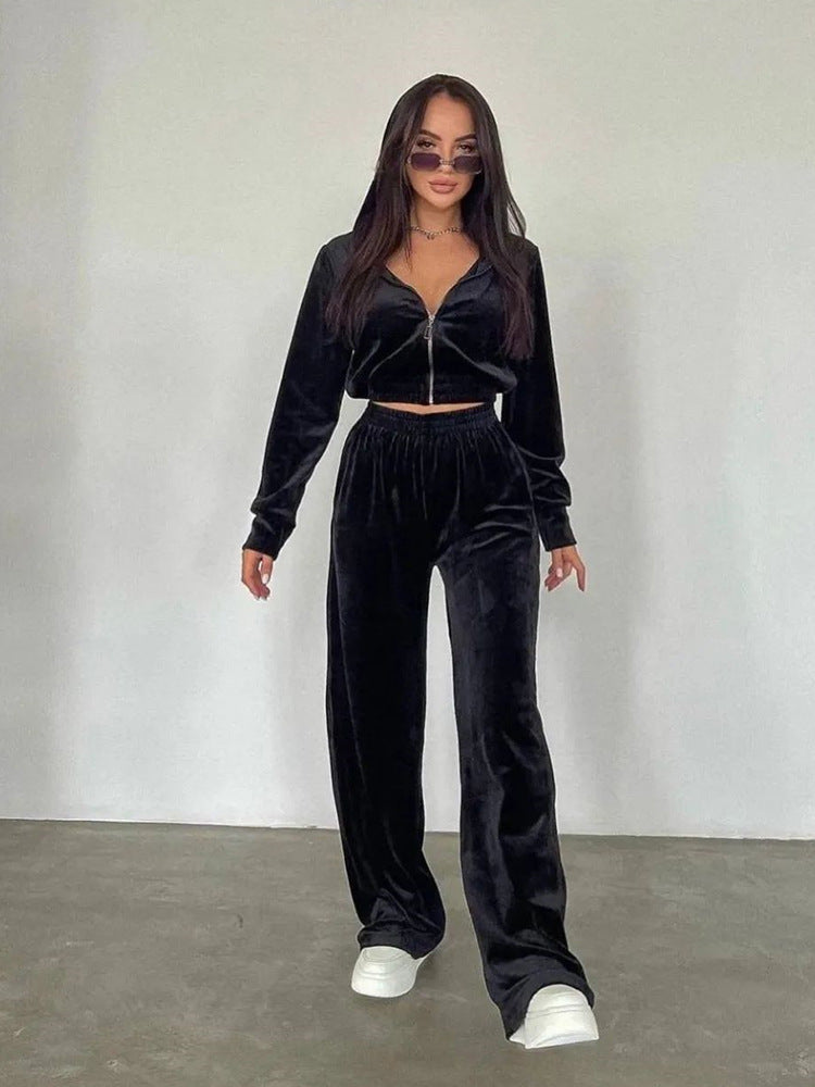 Damen Velours-Loungewear-Set mit hohem Kragen und elastischem Bund Sovae