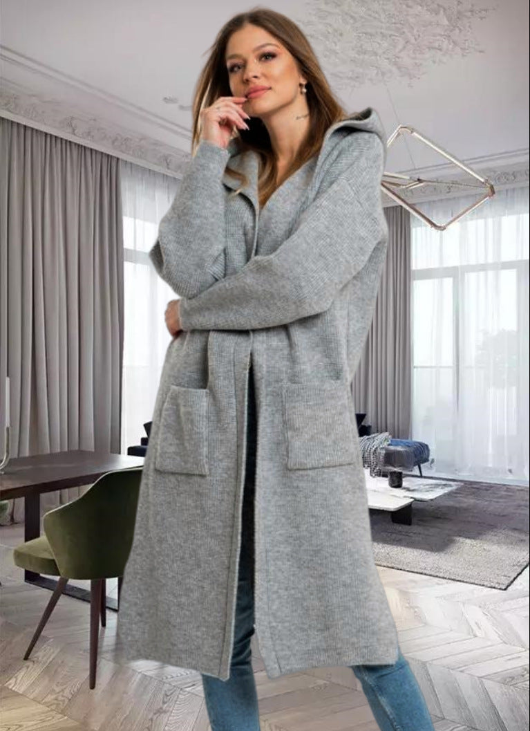 Damen Großer Strickmantel mit Kapuze und praktischen Taschen Sovae