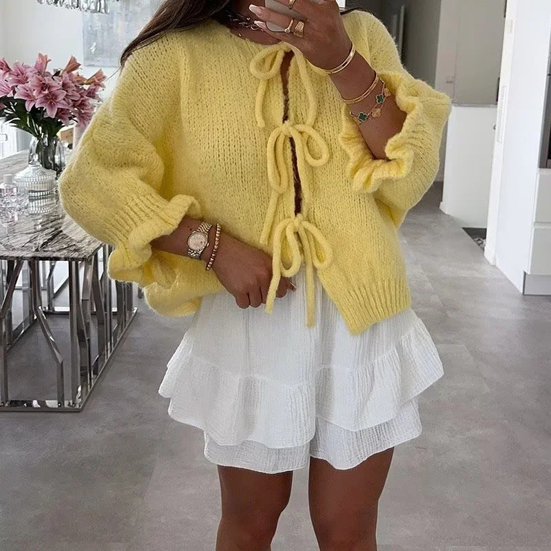 Damen lässiger Strickcardigan mit raffinierten Bindebändern und weiten Ärmeln Sovae