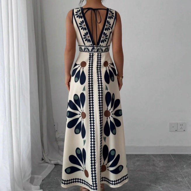 Damen Maxikleid mit voluminösem Blumenmuster und tiefem V-Ausschnitt Sovae