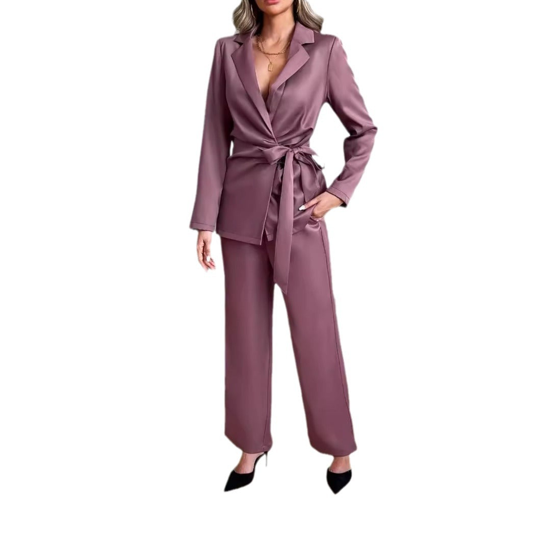 Damen elegantes Zweiteiler-Set mit tailliertem Blazer und weitem Hosen Sovae
