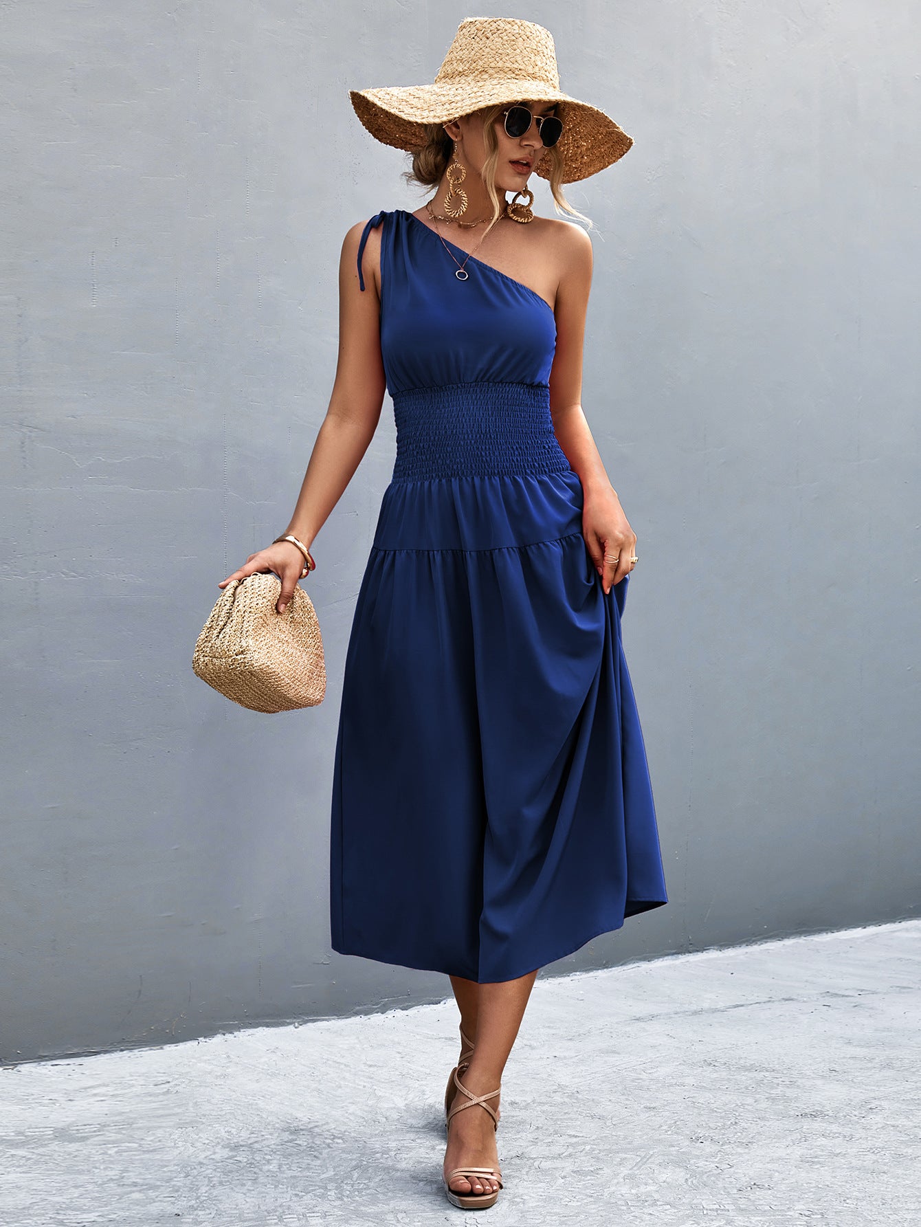 Damen Midikleid mit schnörkellosem Ein-Schulter-Design und elastischem Taillenband Sovae