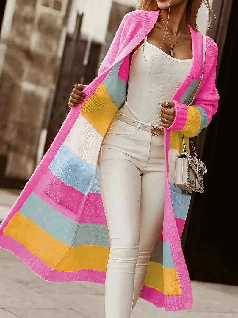 Damen modische Langstrickjacke mit buntem Streifenmuster Sovae