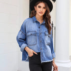 Damen lässige Oversized Jeanshemd mit aufgesetzten Taschen Sovae