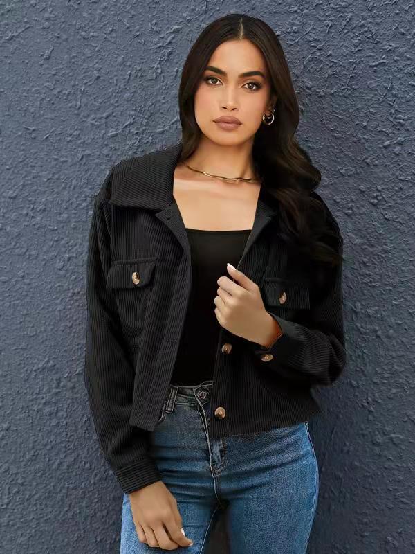 Damen elegante Cordjacke mit praktischen Taschen und modischem Kragen Sovae