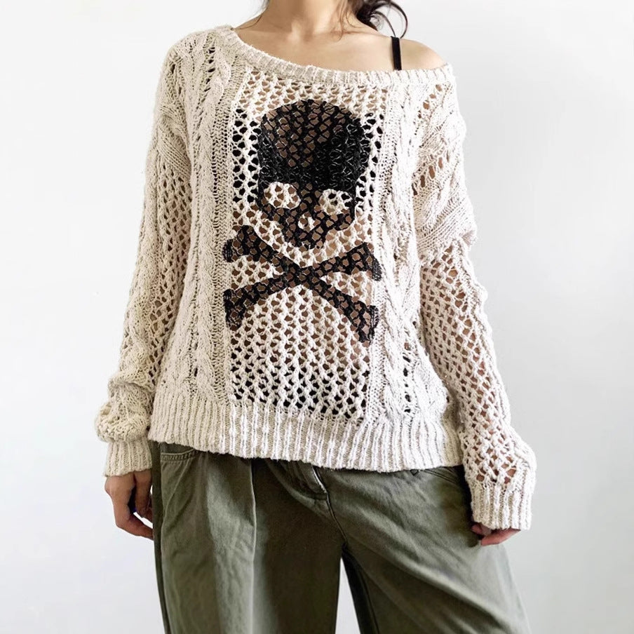 Damen Grob gestrickter Pullover mit Skelett-Motiv Sovae
