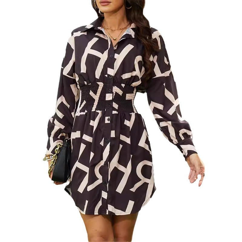 Damen Blusenkleid mit elastischem Taillement und grafischem Druck Sovae