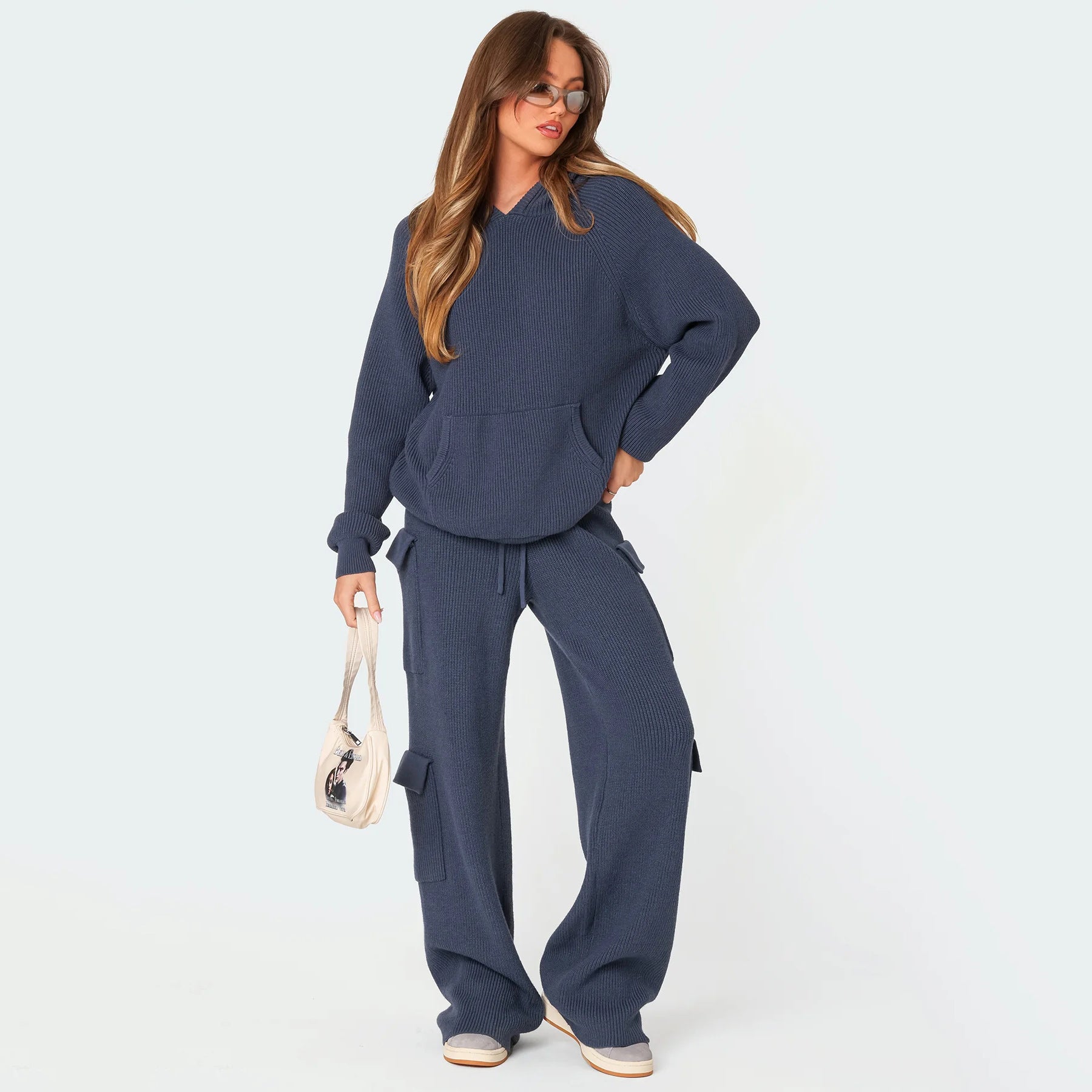 Damen Kuscheliges Rippstrick-Hoodie mit Kängurutasche Sovae
