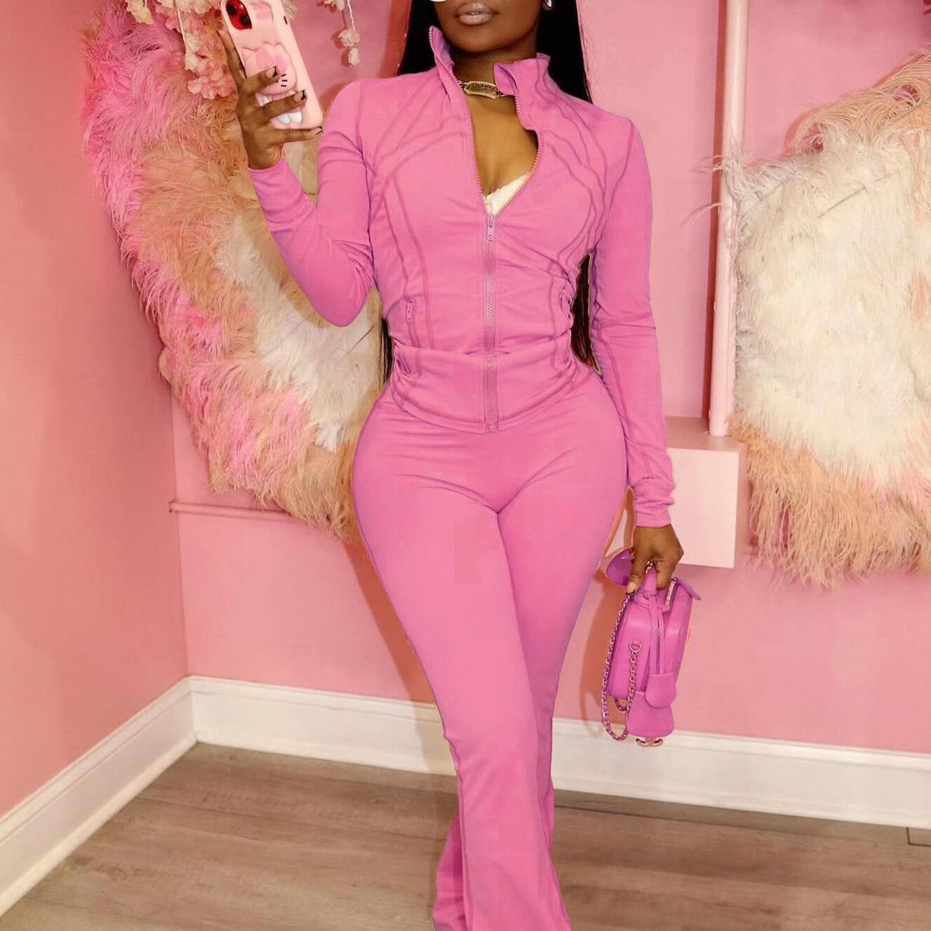 Damen trendiger Jumpsuit mit langem Arm und Reißverschluss Sovae