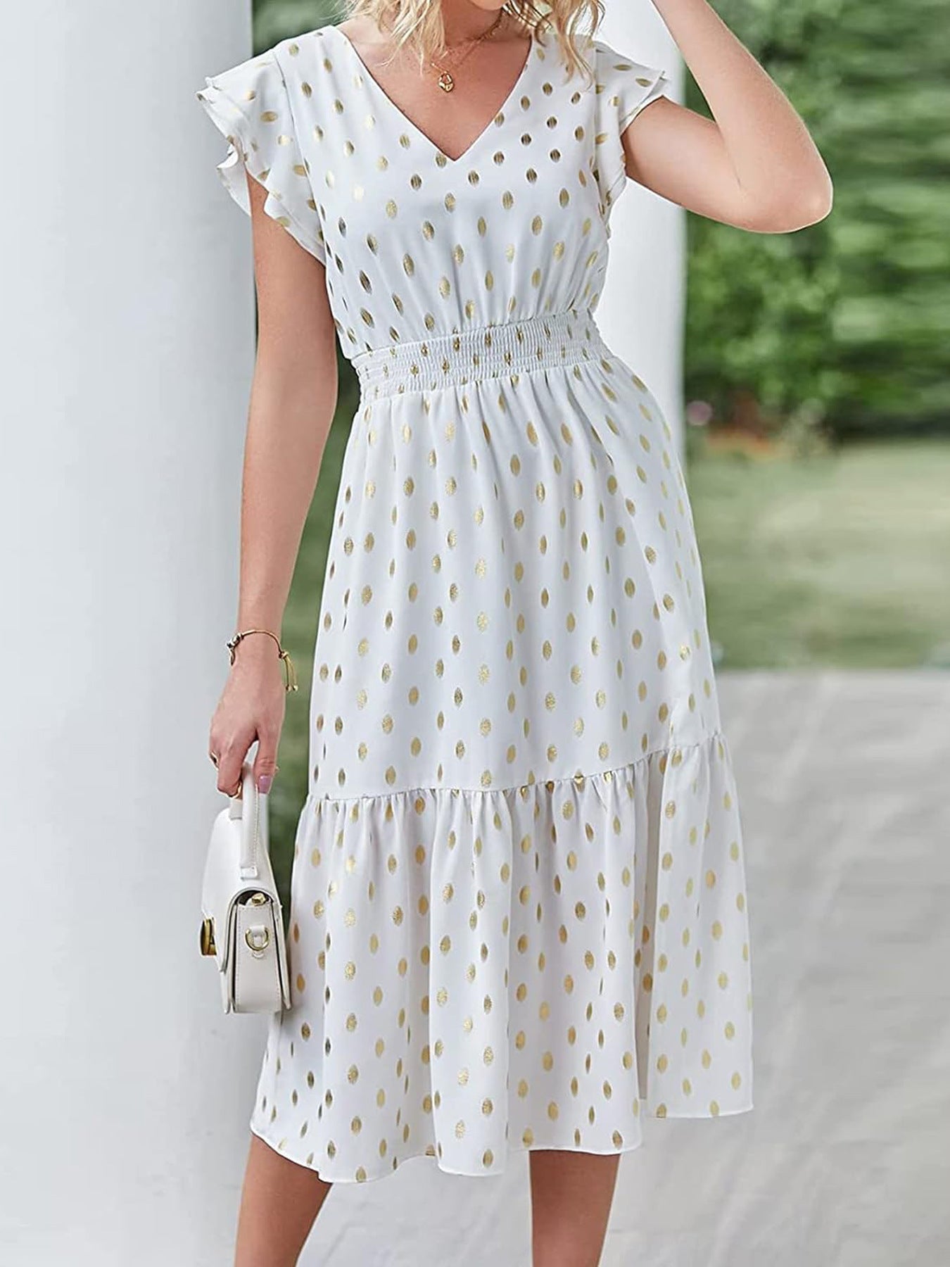 Damen Midikleid mit Rüschendetails und goldenen Punkten Sovae