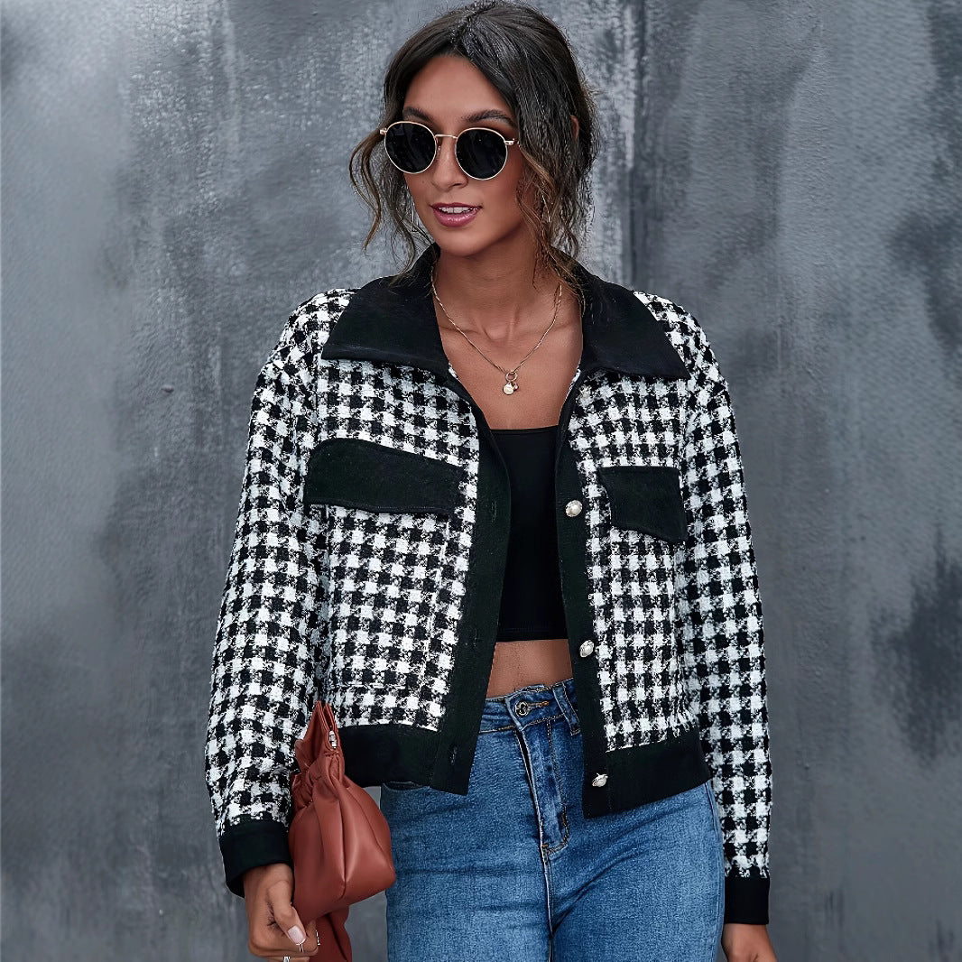 Damen gestepptes Karomuster-Jacke mit stylischen Detail Sovae