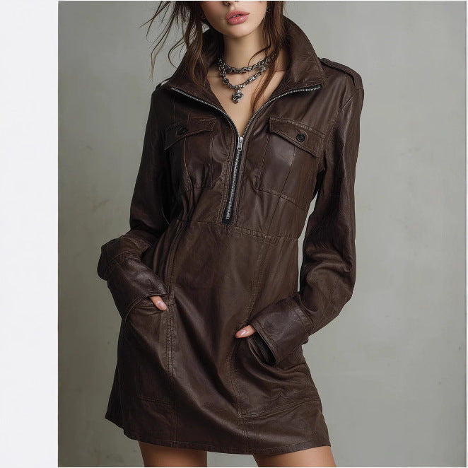Damen urbanes Lederkleid mit Reißverschluss und Taschen Sovae