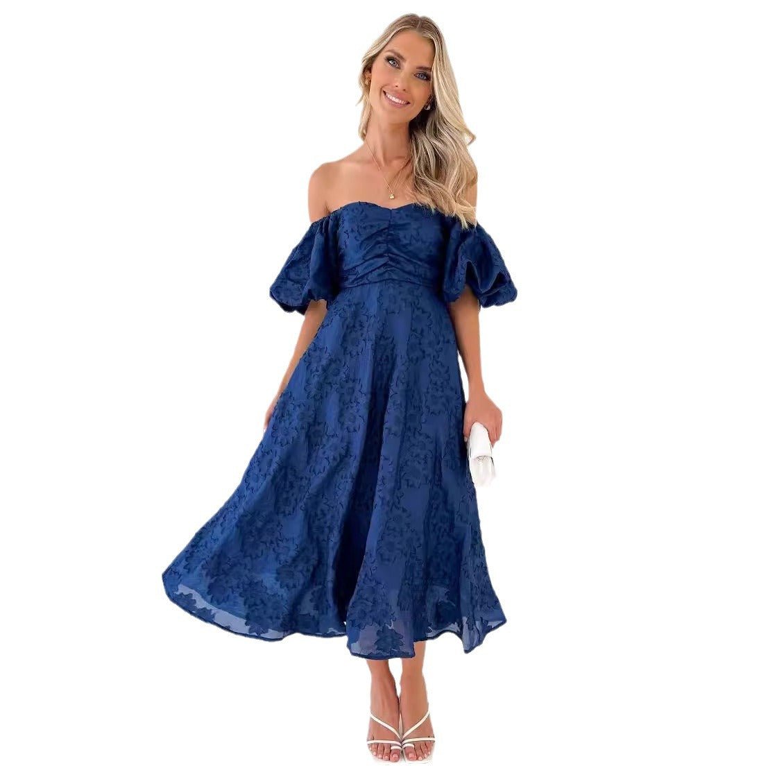 Damen Abendkleid mit Puffärmeln und floralem Jacquard-Muster Sovae