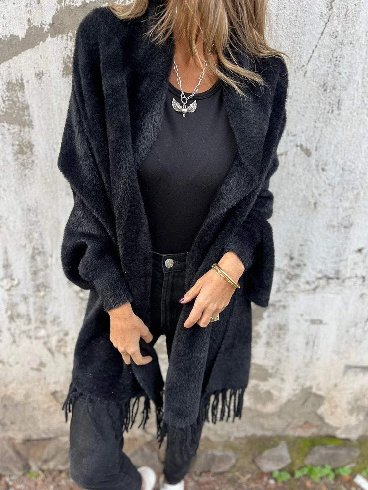 Damen Kuschelige Strickjacke mit Fransen Sovae