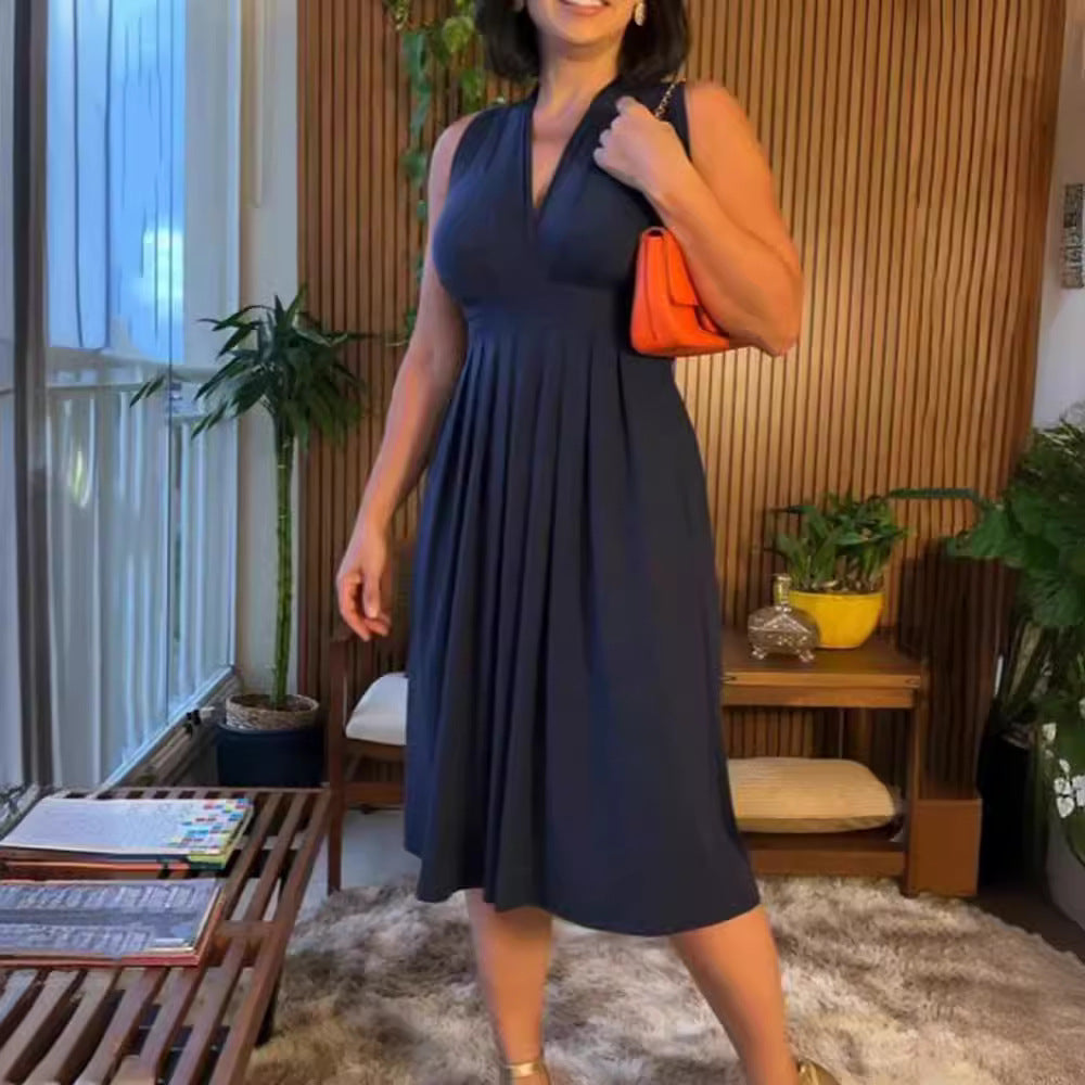 Damen romantisches Maxikleid mit schmeichelndem V-Ausschnitt und plissierten Details Sovae