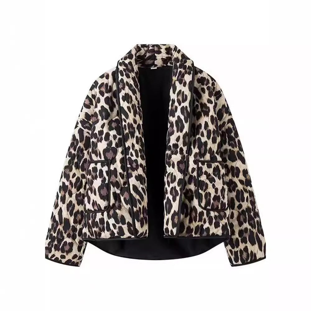 Damen modische Jaquardjacke im trendigen Leopardenlook mit praktischen Taschen Sovae