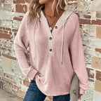 Damen lässige Waffelstruktur Pullover mit Kapuze und Knopfdetails Sovae