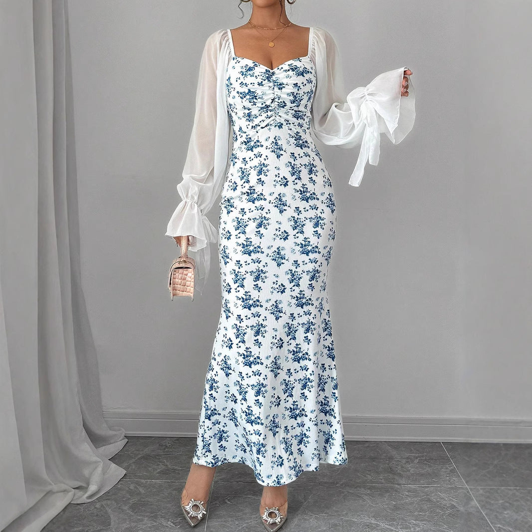 Damen Maxikleid mit floralen Akzenten und eleganten Puffärmeln Sovae