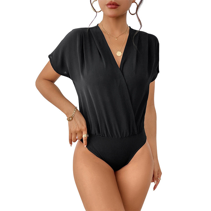 Damen Body mit eleganter Wickeloptik und kurzen Ärmeln Sovae