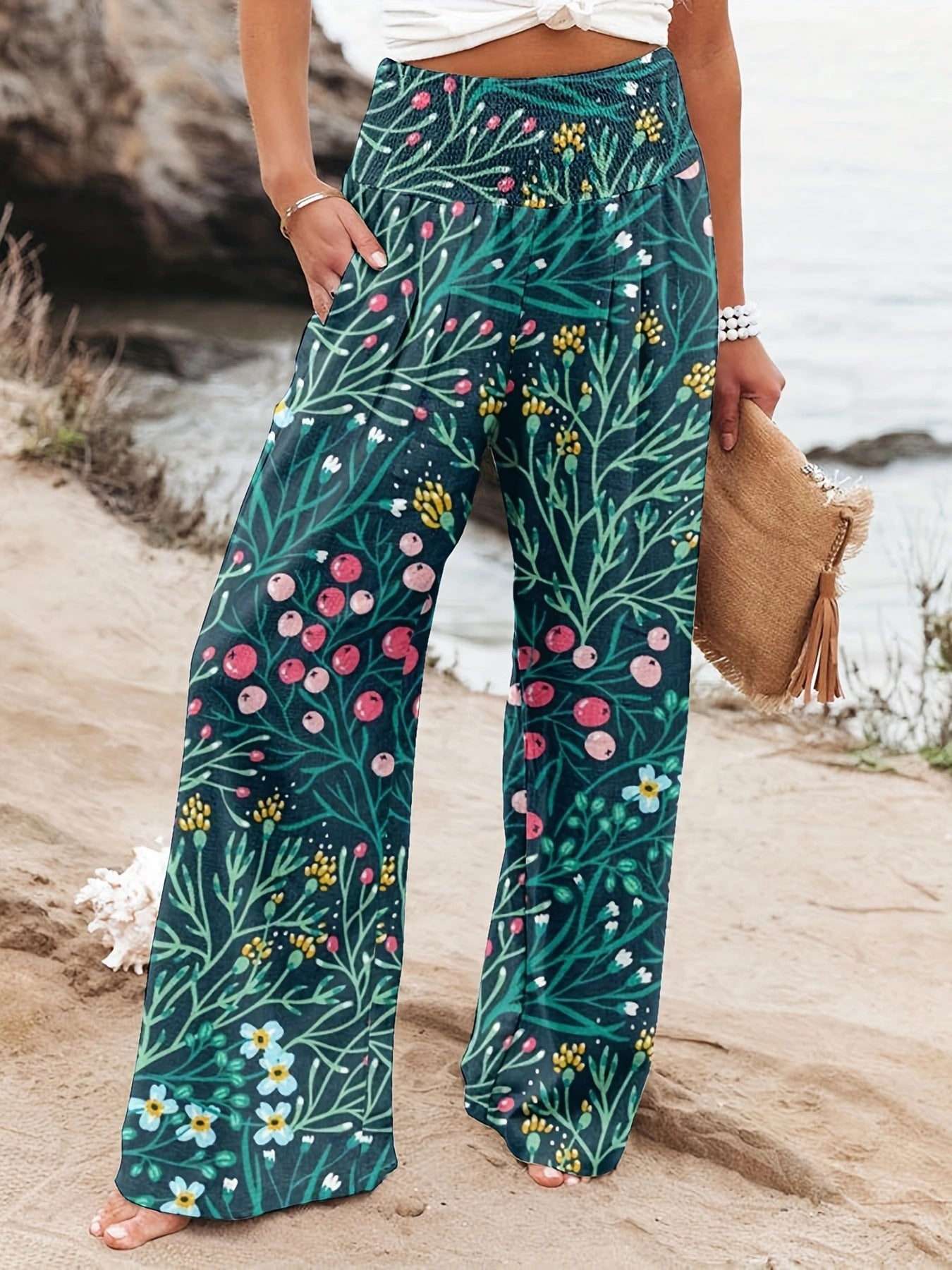 Damen Weit geschnittene Sommerhose mit floralem Print und elastischem Bund Sovae