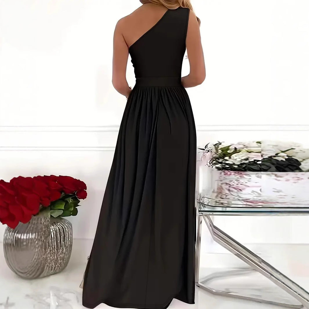 Damen Elegantes Maxikleid mit Ein-Schulter-Design und transparentem Beinschlitz Sovae