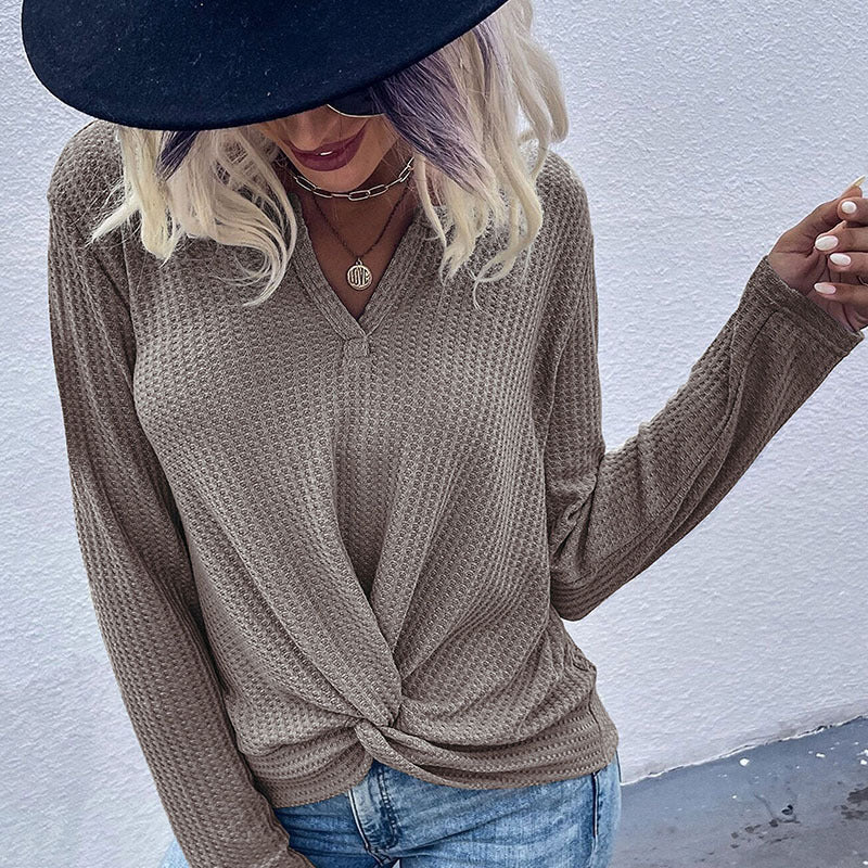 Damen lässiger V-Ausschnitt Pullover mit Knopfdetails und Knotendesign Sovae