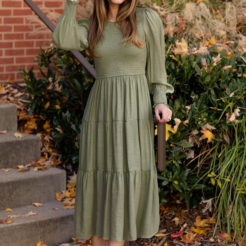 Damen Midi-Kleid mit Ballonärmeln und Rüschendetail Sovae