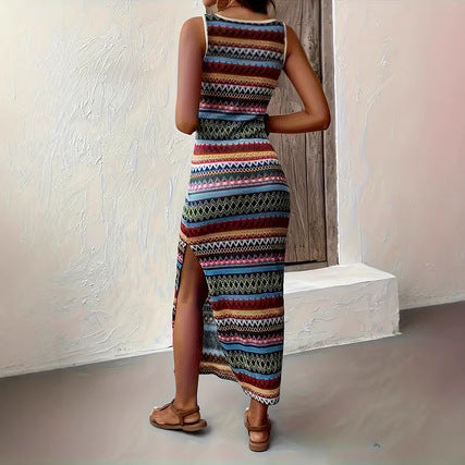 Damen Maxikleid im modernen Streifenlook mit seitlichem Schlitz und ärmellosem Design Sovae