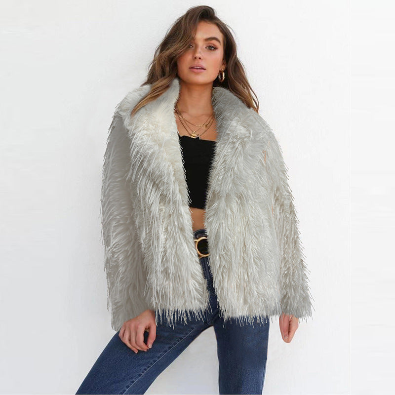 Damen Eleganter Kunstfellblazer mit breitem Kragen Sovae