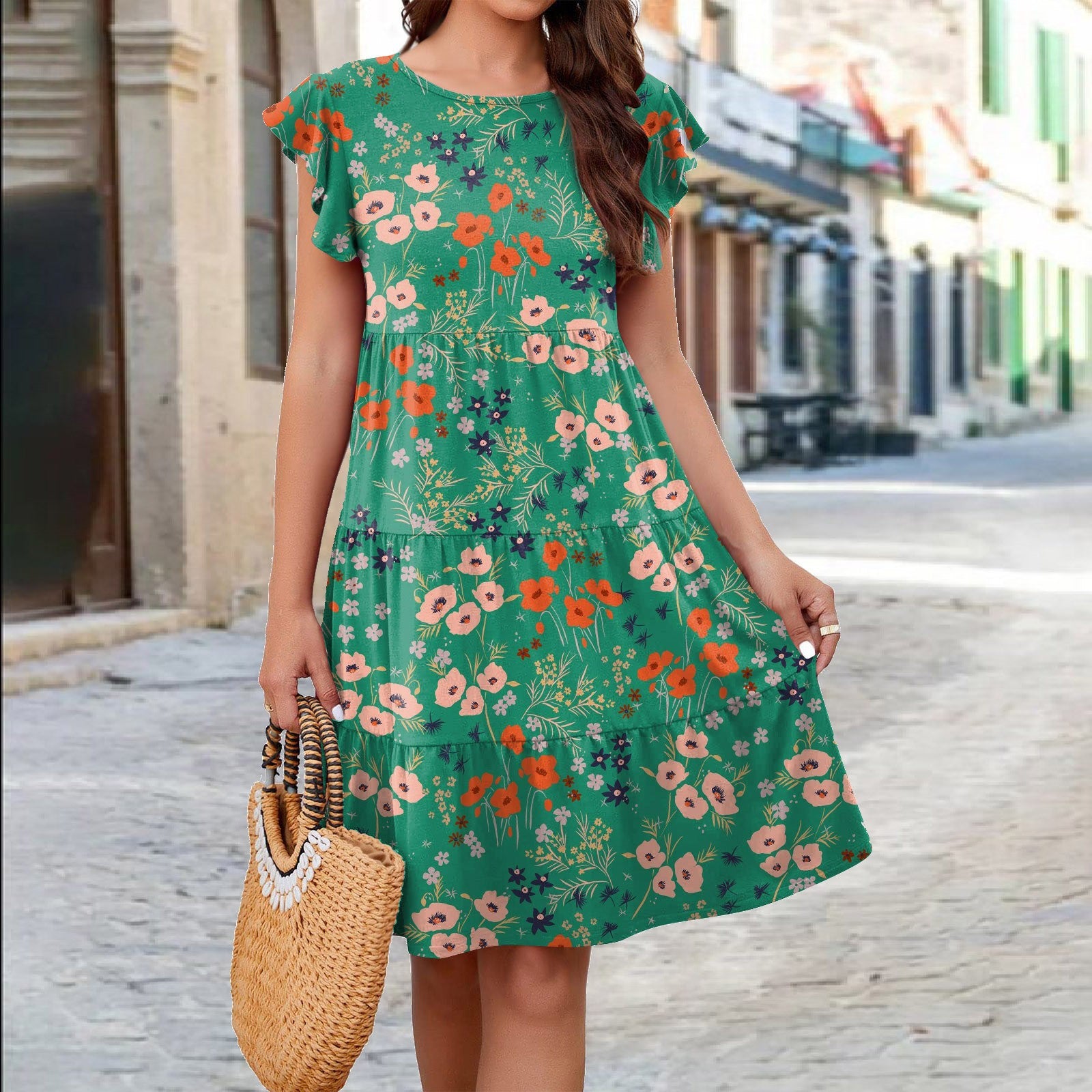 Damen Lässiges Sommerkleid mit Rüschendetails und floralen Mustern Sovae