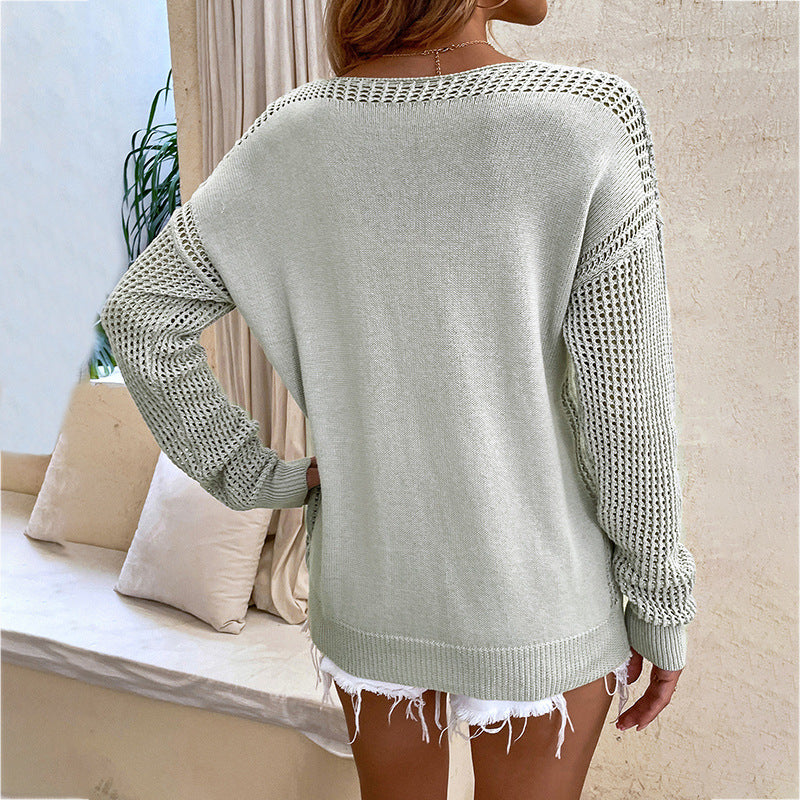 Damen modischer V-Ausschnitt Pullover mit Netzärmel und lässigem Schnitt Sovae