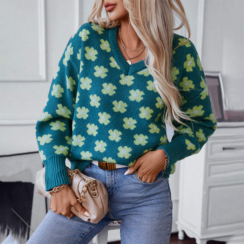 Damen Strickpullover mit floralem Muster und V-Ausschnitt Sovae