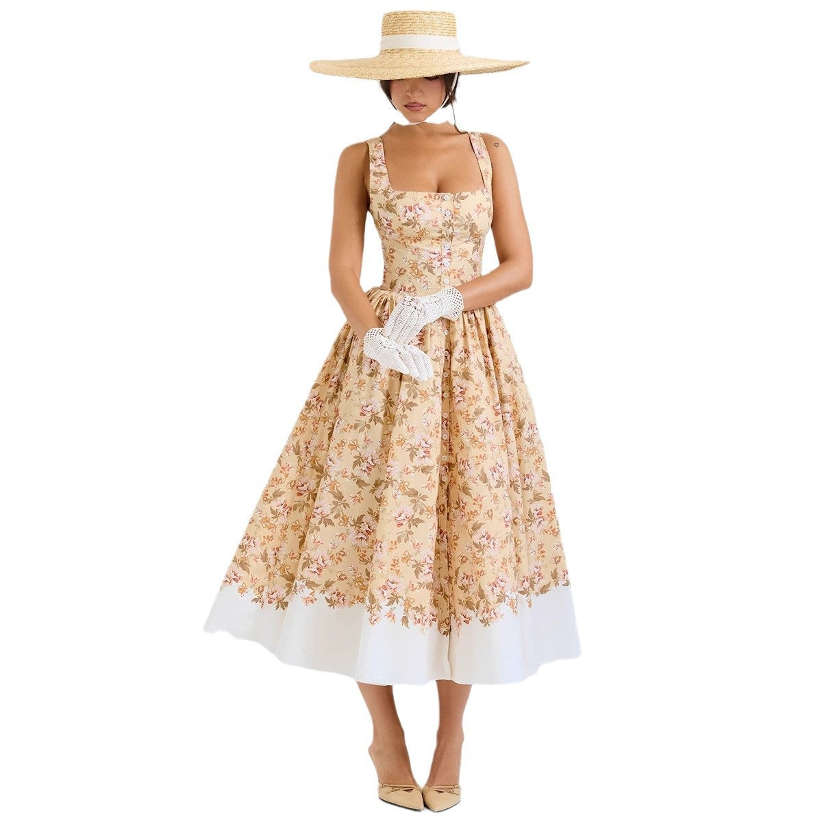 Damen A-line Kleid mit floralem Muster und tailliertem Oberteil Sovae