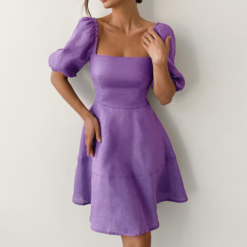 Damen Midikleid mit Puffärmeln und Quadrat-Ausschnitt Sovae