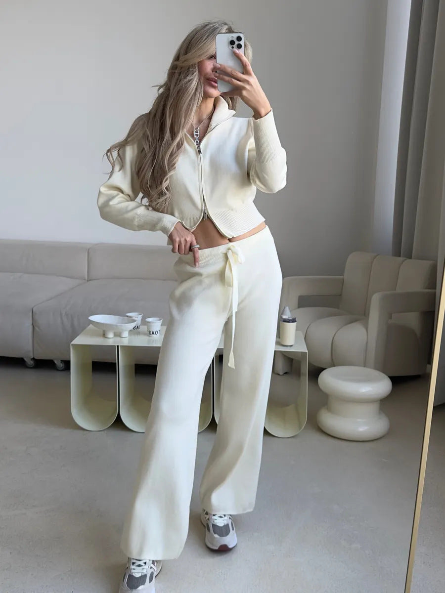 Damen lockerer Strick-Loungewear-Anzug mit hohem Kragen Sovae