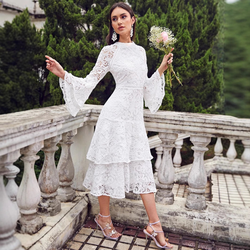 Damen Spitzen-Maxikleid mit voluminösen Ärmeln Sovae