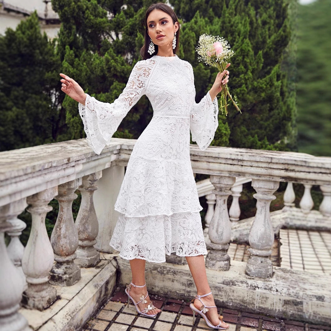 Damen Spitzen-Maxikleid mit voluminösen Ärmeln Sovae
