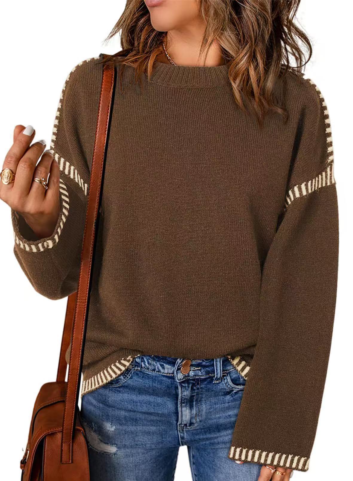 Damen lässiger Strickpullover mit kontrastierenden Bündchen und lässigem Schnitt Sovae