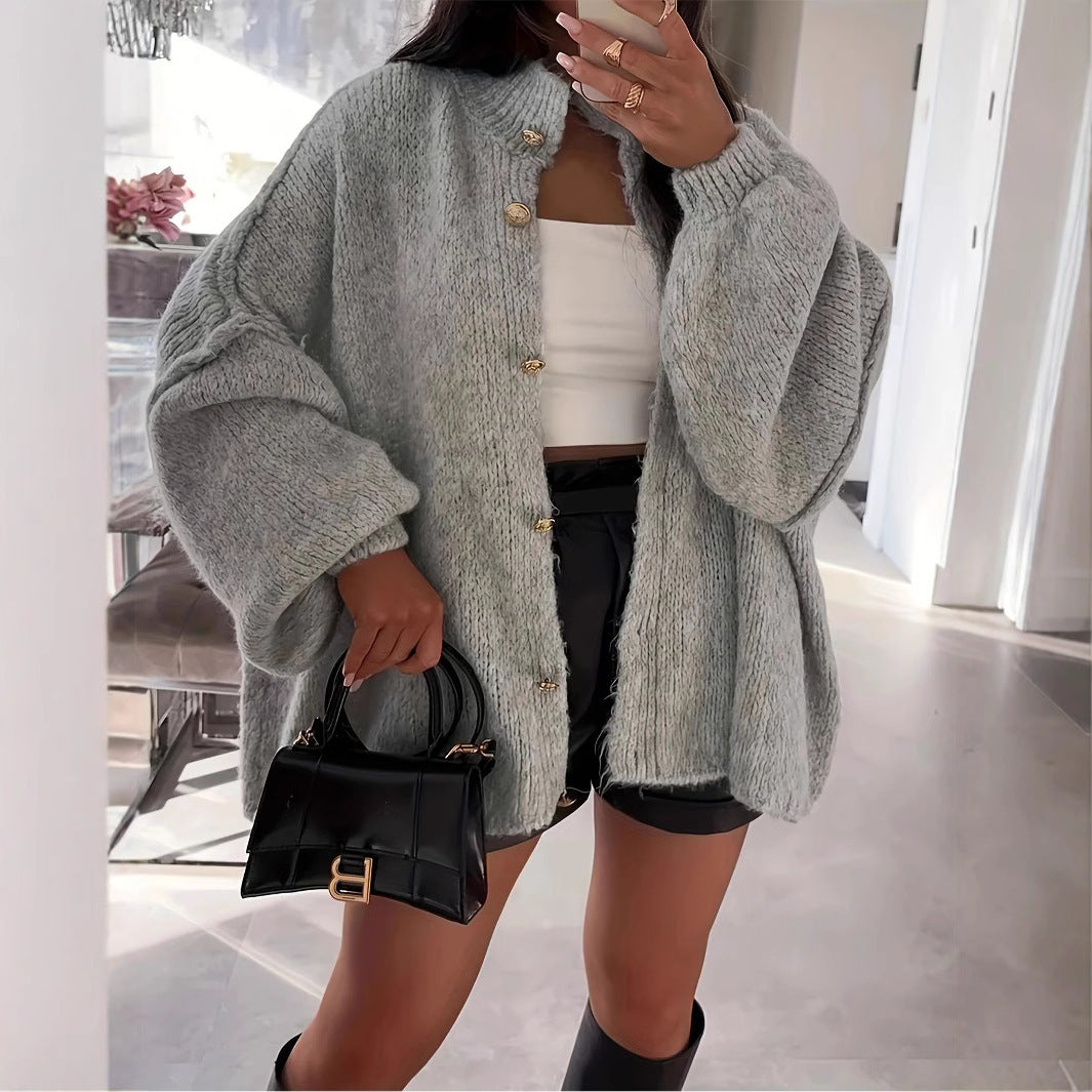Damen Oversized Strickjacke mit stylischen Puffärmeln und Knopfleiste Sovae