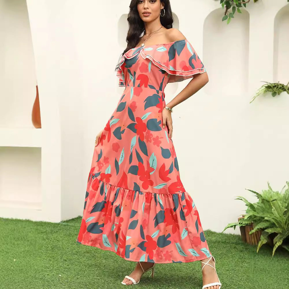 Damen Off-Shoulder Maxikleid mit Rüschensaum Sovae
